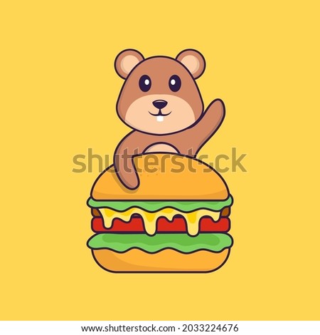Cute squirrel eating burger. Animal cartoon concept isolated. Can used for t-shirt, greeting card, invitation card or mascot.