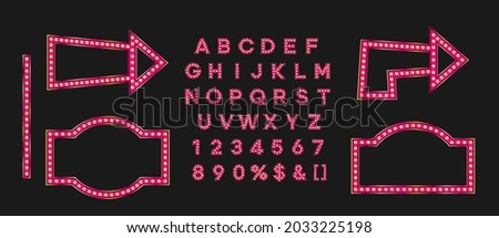 Shiny pink signboard and arrow for black friday sale banner. Marque alphabet for night club logo or event badge.