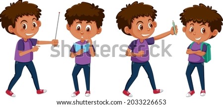 Set of a boy cartoon character doing different activities illustration