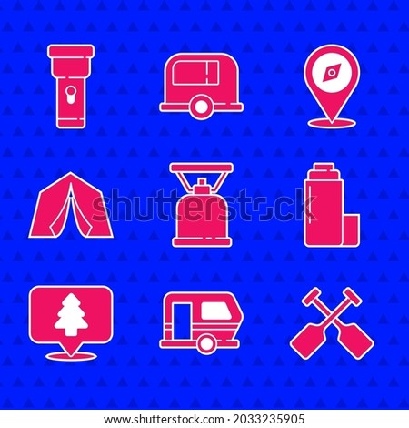 Set Camping gas stove, Rv trailer, Paddle, Thermos container, Location of the forest, Tourist tent, Compass and Flashlight icon. Vector