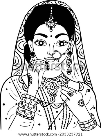Indian bride black and white line drawing clip art. Indian wedding clip art of bride in traditional wedding dress, and jewellery, black and white clip art symbol. Indian women symbol line art.