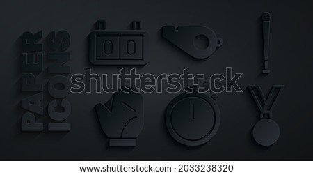 Set Stopwatch, Baseball bat, glove, Medal, Whistle and Sport mechanical scoreboard icon. Vector