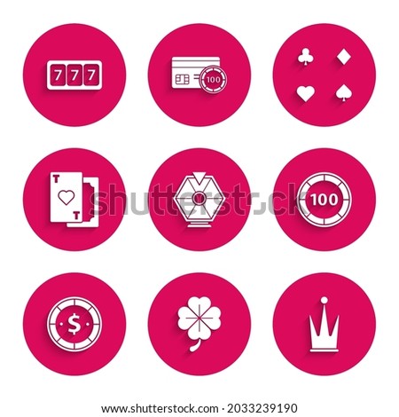Set Lucky wheel, Four leaf clover, Crown, Casino chips, with dollar, Playing card heart, cards and Slot machine lucky sevens jackpot icon. Vector