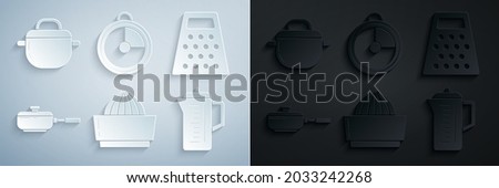 Set Citrus fruit juicer, Grater, Frying pan, Teapot, Kitchen timer and Cooking icon. Vector