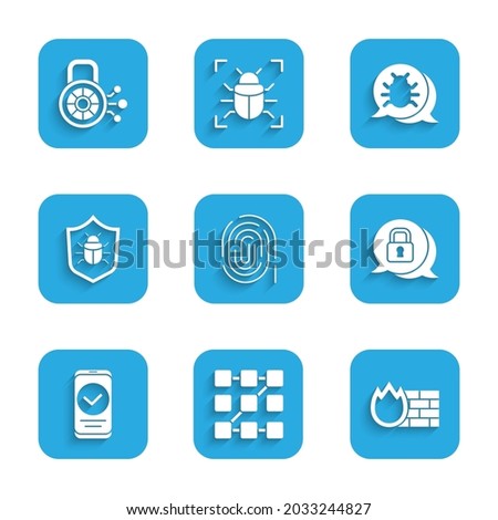 Set Fingerprint, Graphic password protection, Firewall, security wall, Cyber, Smartphone, System bug,  and  icon. Vector