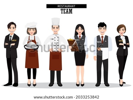 Group of hotel restaurant team. Catering service characters standing together in uniform. Food service staff website banner. Royalty-Free Stock Photo #2033253842