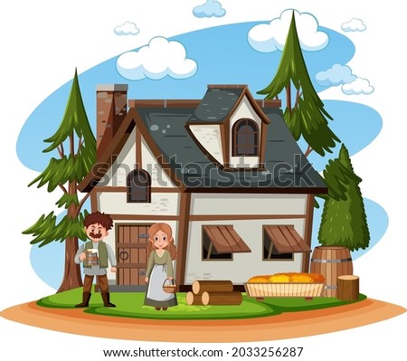 Farmhouse with villagers on white background illustration