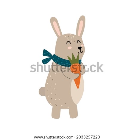 Cute rabbit with a carrot. Funny forest character in a scarf isolated element. Fall woodland clipart for kids. Vector illustration