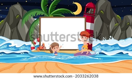 Kids on summer vacation at the beach night scene with an empty banner template illustration