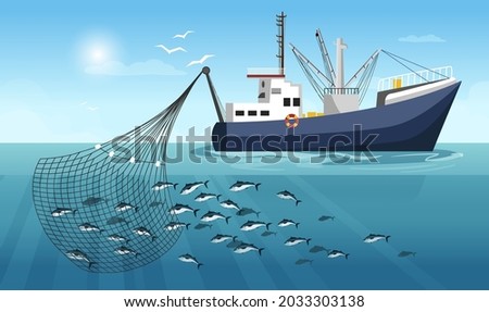 Seiner hunting fish. Concept of industry ship in working process. Horizon with clouds and sun in the background. Vector graphic illustration