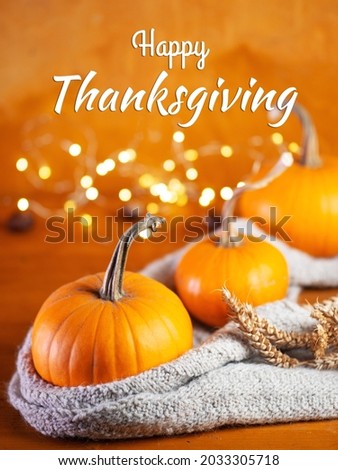 Happy Thanksgiving greeting card, harvest pumpkins on a wooden table with bokeh garlands