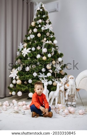 boy in red sweater posing against the background of the christmas tree