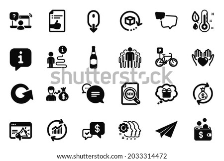 Vector Set of Business icons related to Speech bubble, Payment received and Beer bottle icons. Bicycle parking, Seo file and Scroll down signs. Group, Thermometer and Paper plane. Reload. Vector
