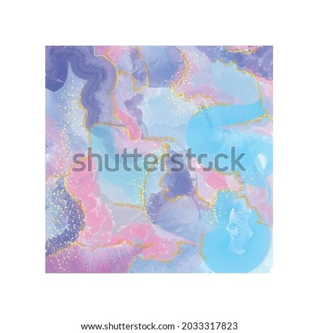 Modern, abstract, airy, art background with texture of acrylic, watercolor paints of blue, blue, pink with gold dusting, shiny splashes. Vector hand-drawn illustration.
