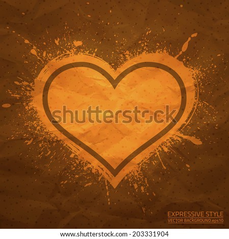 Creased old vector paper with handmade heart background. Expressive style. Vintage vector background. Retro vector background. Vector old textured paper. Valentines day background. Grunge background