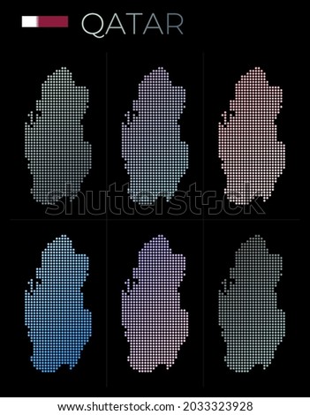 Qatar dotted map set. Map of Qatar in dotted style. Borders of the country filled with beautiful smooth gradient circles. Radiant vector illustration.