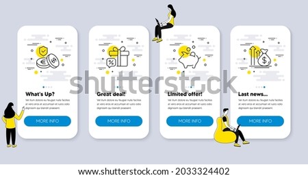 Set of Finance icons, such as Savings insurance, Piggy bank, Sale gift icons. UI phone app screens with people. Budget line symbols. Money exchange, Money investment, Discounts. Vector