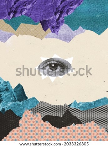 Contemporary artwork of autumn mountains and human eyes looking in center. Collage with retro designed mountain drawing and real human eye. Concept of autumn season, fall nature, observation, ad