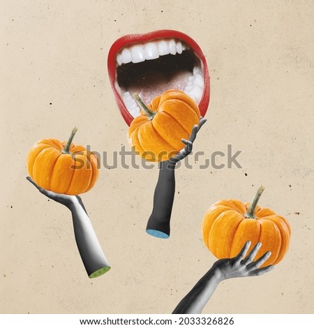 Contemporary art design of three human hands holding pumpkins on way to open female mouth. Pumpkin season. Vintage retro style. Concept of fall season, autumn inspiration, Halloween, harvest, joy