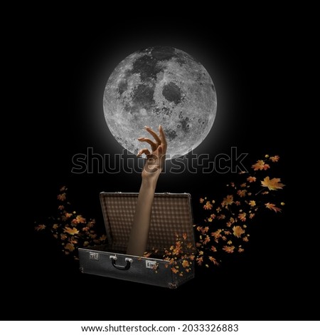 Halloween postcard. Contemporary artwork of creepy female hand appearing from suitcase with flying autumn leaves. Full moon on black background. Hallowing night. Concept of fall, party, Halloween, ad