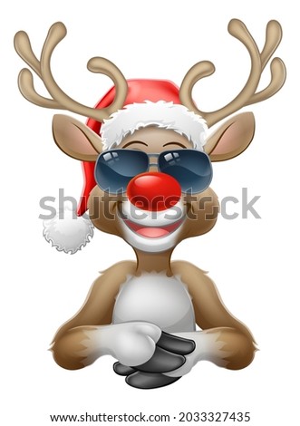 Christmas reindeer red nosed deer cartoon character wearing cool shades or sunglasses and a Santa Claus hat