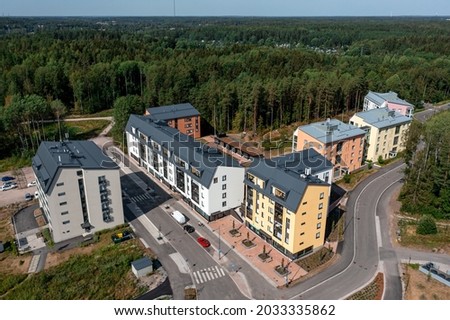 Aerial view of the brand new neighborhood Kalliolahde of Espoo, Finland. The new apartment buildings. Modern Nordic Architecture.