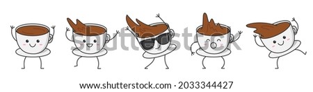 Cup of coffee set character cartoon dancing smiling face happy sweet emotions moves coffee drink vector illustration. Royalty-Free Stock Photo #2033344427