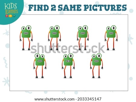 Find two same pictures kids game vector illustration. Activity for preschool children with matching objects and finding 2 identical. Cartoon cute robot character