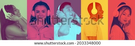 Music. Collage of young multiethnic youth with bright facial expression on multicolored background. Trendy, modern duotone effect. Copyspace for ad. People in halftones. Pop art style.