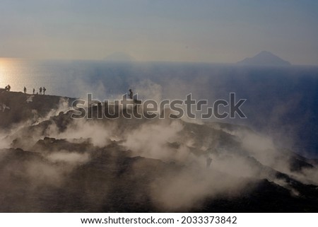 Fumaroles of the Gran cratere della fossa on the island of Vulcano at the sunset
