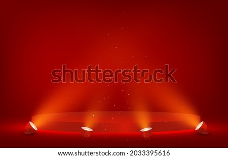 Red Winner stage, podium illuminated by searchlights. Empty pedestal with illuminated projector. Light sources, floodlight. display, podium.Vector Royalty-Free Stock Photo #2033395616