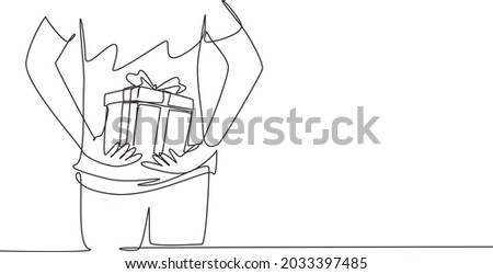 Single continuous line drawing man surprise his girlfriend by giving gift, romantic surprise. Birthday presents cardboard box with ribbon bow. Dynamic one line draw graphic design vector illustration
