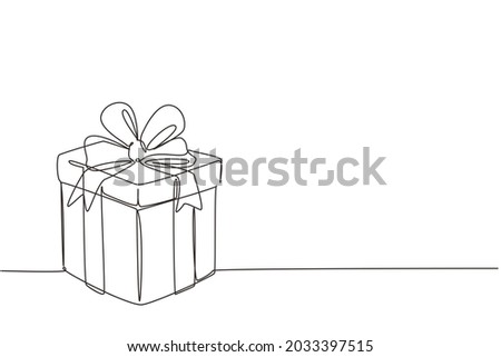 Continuous one line drawing gift box with ribbon. White box wrapped with ribbon on white background. Decorative gift or cardboard box with bow. Single line draw design vector graphic illustration