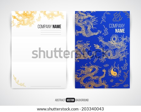Vector modern flyer / brochure design template with asia dragon background.Hand drawn illustration. Sketch.