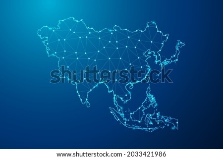 Abstract mash line and point scales on dark background with map of Asia polygonal network line. Vector illustration eps 10. Royalty-Free Stock Photo #2033421986