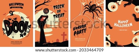 Halloween posters collection with different scary illustrations in orange and black colours. Creepy halloween greeting card design in a4 size. Ideal for party invitation, event, social media, banner.