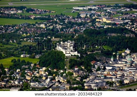 Aerial view over the city of Salzburg and the fortress - travel photography
