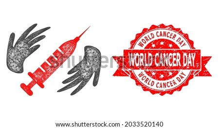 Net vaccine care hands icon, and World Cancer Day textured ribbon stamp seal. Red stamp seal has World Cancer Day title inside ribbon.Geometric hatched frame 2D net based on vaccine care hands icon,