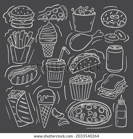 Set of fast food doodle. Burger, hot dog, sausage, onion, donut, drinks, fries and pizza in sketch style. Hand drawn vector illustration isolated on black background.
