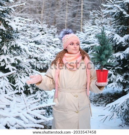 A woman chooses an artificial or natural Christmas tree in the nursery store in winter nature on New Year Eve