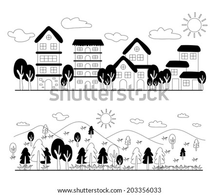 Cartoon hand drawing house and mountain
