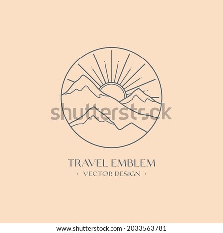 Vector linear boho emblem with snowcapped mountain landscape.Travel logo with snowy mountains;sun and sunburst.Modern hiking or camping label concept in trendy minimal style.Branding design template. Royalty-Free Stock Photo #2033563781