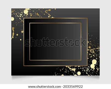 Golden and black shiny glowing blank frame. Gold paint splatter metal luxury vector rectangle border. Background illustration template.