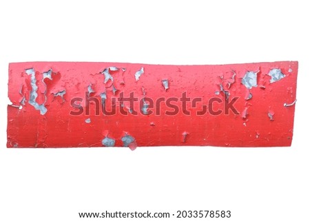 red blank metal plaque with peeling paint on white background isolated