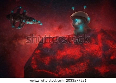 Small dog astronaut in the universe lost spaceship Royalty-Free Stock Photo #2033579321