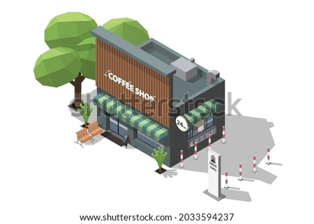 Isometric coffee shop and bench to sit and wait at the entrance 3D model of a coffee shop and Drive Thru take away pick up point vector illustration isolated on white background Royalty-Free Stock Photo #2033594237