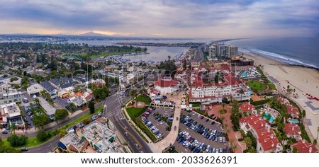 Aerial panorama of Hotel del Coronado and other buildings in Coronado, California. High quality photo Royalty-Free Stock Photo #2033626391