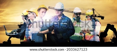 Double exposure of engineer standing orders for construction crews to work on high ground heavy industry and safety concept 