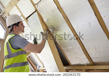 Builder Installing Insulating Board Into Roof Of House Royalty-Free Stock Photo #203363170
