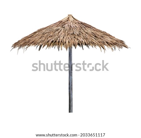 Single beach umbrella parasol made of coconut leaf isolated on white background with clipping path Royalty-Free Stock Photo #2033651117